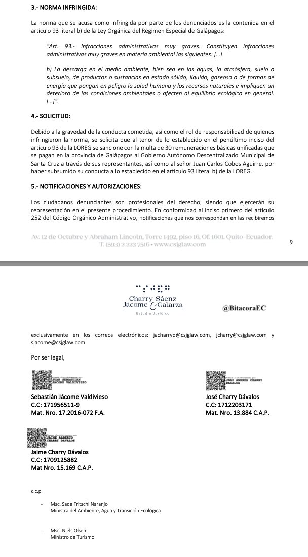 BitacoraEc's tweet photo. 3 abogados piden sanciones por uso de "pirotecnia insonora que suena" en #Galapagos 

Los integrantes del Estudio Jurídico Charry Sáenz Jácome y Galarza presentaron una denuncia ante el @parquegalapagos amparados en  Ley Orgánica de Galápagos LOREG, Art 93🧵

#NoPirotecnia https://t.co/2Pvz5RTRAv