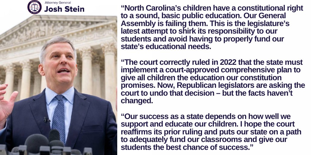 "This is the legislature’s latest attempt to shirk its responsibility to our students &amp; avoid having to properly fund our state’s educational needs."

Read AG <a href="/JoshStein_/">Josh Stein</a>'s statement arguing the court shouldn't overturn its Leandro education funding ruling.ncdoj.gov/attorney-gener…