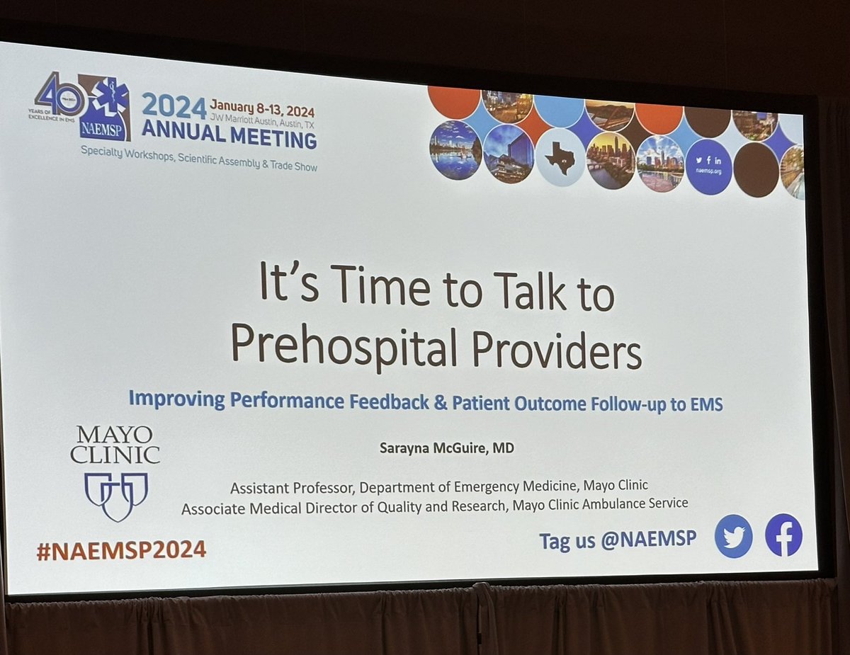 _brad_buck's tweet photo. @NAEMSP Dr. Sarayna McGuire of Mayo Clinic Ambulance discussing importance of patient follow up with pre hospital clinicians. No, it’s not a HIPAA violation. https://t.co/JylvdP8VPe