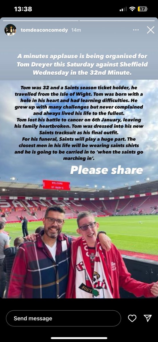 I know a lot of #SaintsFc fans are aware of this, and it’s good the club are onboard 

But if you’re going to the game and aren’t aware, then please have a read below 

I hope Tom’s family take solace from the unity and sympathy fans will show on Saturday 🙏