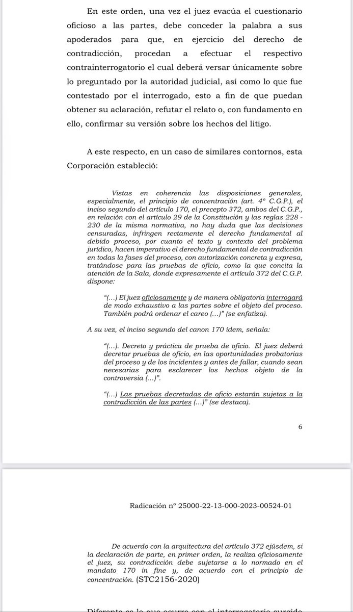 jairoparrac's tweet photo. DERECHO A CONTRAINTERROGAR EN EL INTERROGATORIO OFICIOSO. CSJ (STC16853-2023): Una vez el juez evacúa el cuestionario oficioso a las partes, debe conceder la palabra a sus apoderados para que, en ejercicio del derecho de contradicción, procedan a efectuar el respectivo contrainterrogatorio el cual deberá versar únicamente sobre lo preguntado por la autoridad judicial, así como lo que fue contestado por el interrogado, esto a fin de que puedan obtener su aclaración, refutar el relato o, con fundamento en ello, confirmar su versión sobre los hechos del litigo —⬇️⬇️—