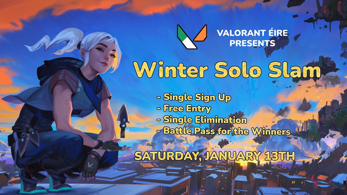 Valorant Éire is hosting a free to enter tournament this Saturday, starting at 1pm.

The champions each win a Battle Pass!

To find out more and to signup, join our discord:
discord.gg/kqpfXwReax