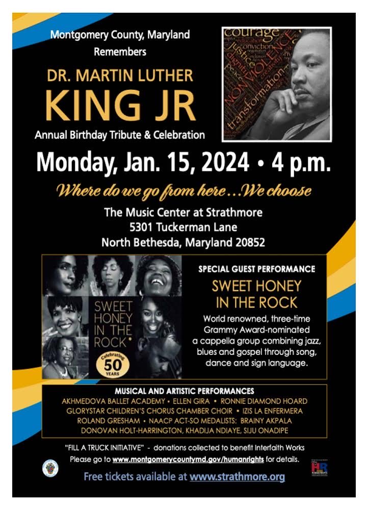 Get your tickets for the MLK Birthday Tribute and Celebration 1/15/24, 4 PM. Hear and see great music as we honor the man who believed in service to others! #actsomoco