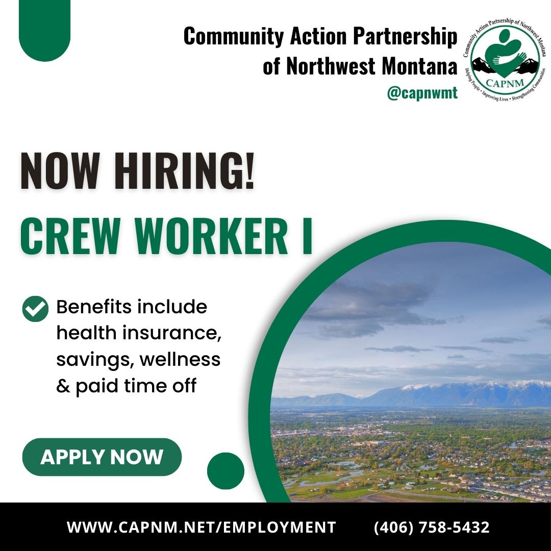 #CAP is #hiring in our #Kalispell office for a full-time #CrewWorker I #vacancy starting at $19.56/hour that comes with #paidtraining plus #greatbenefits!!

Requirements, #job duties and qualifications are online at capnm.net/employment or call HR at (406) 758-5432.

#Montana