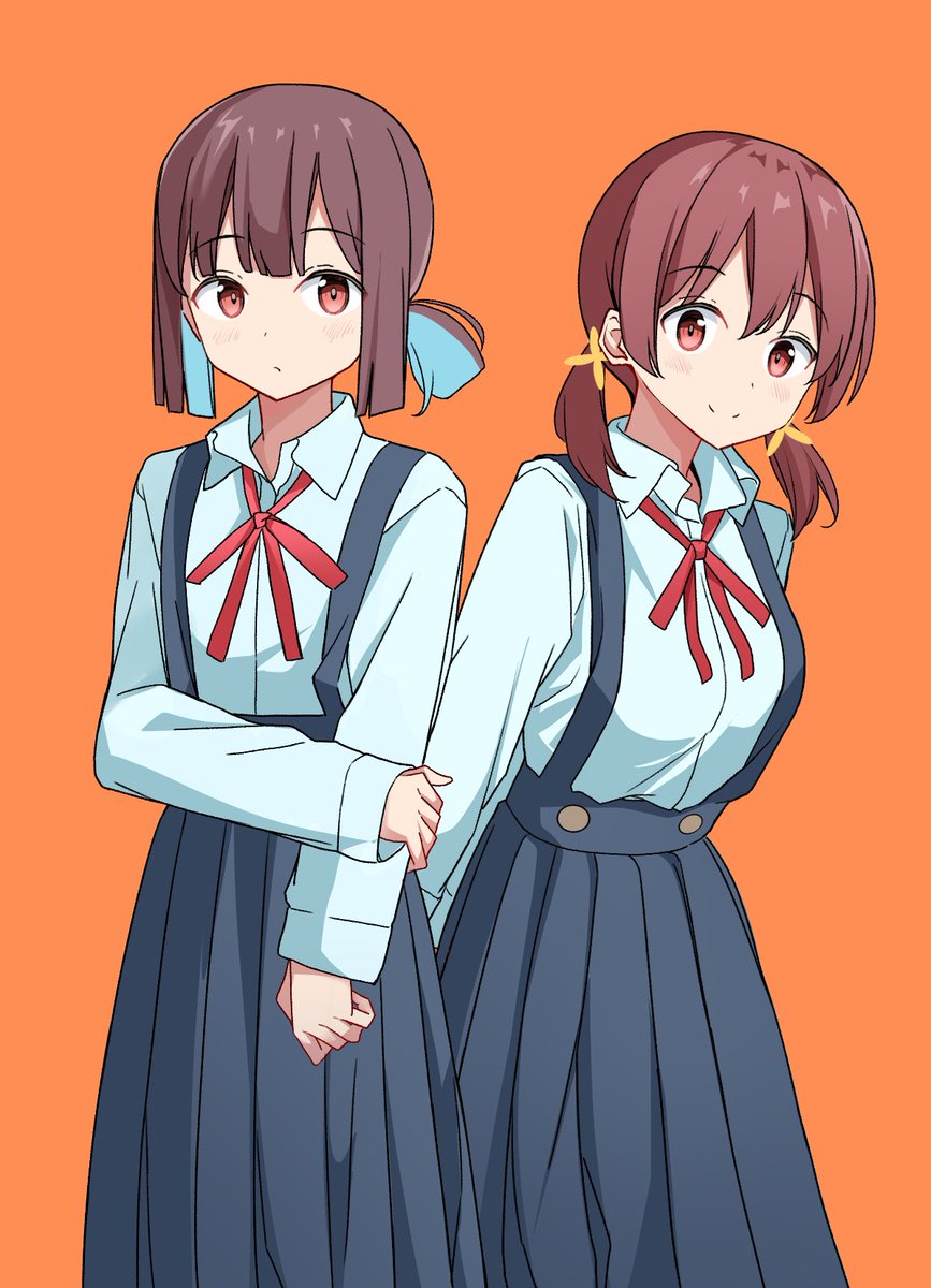 hozuki momiji ,murosaki miyo multiple girls 2girls twintails brown hair school uniform orange background skirt  illustration images