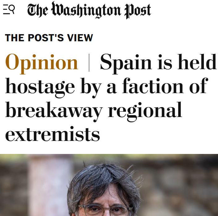 CCivicaCatalana's tweet photo. Editorial de "The Washington Post", muy claro:

"España está secuestrada por extremistas regionales separatistas. Las exigencias de Puigdemont no son aceptables. España es una democracia y los intereses de una minoría no pueden pasar por encima de los de la mayoría de españoles". https://t.co/hFcaY3WnPi