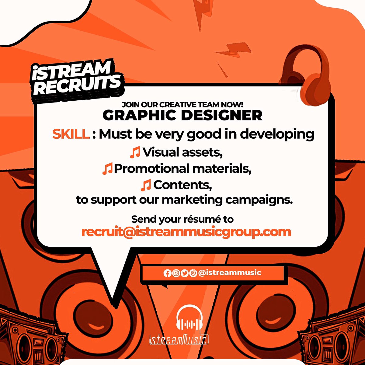 iStreamMusicGh's tweet photo. iStream Recruits‼️

Your creativity in visuals and graphic designing is needed here! 

Don’t skip this opportunity to become an asset to our business for anything!

Send your résumé to our email 
recruit@istreammusicgroup.com https://t.co/1krlebNWRS