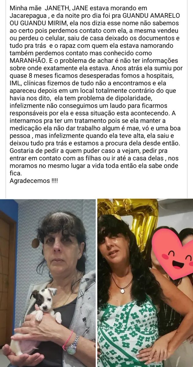 AnnaMonteiro283's tweet photo. ⚠️PESSOA DESAPARECIDA ⚠️ Repassem,por favor!
@InformeRJO @showdavida @BandJornalismo @recordtvoficial https://t.co/G7n2RcHJSg