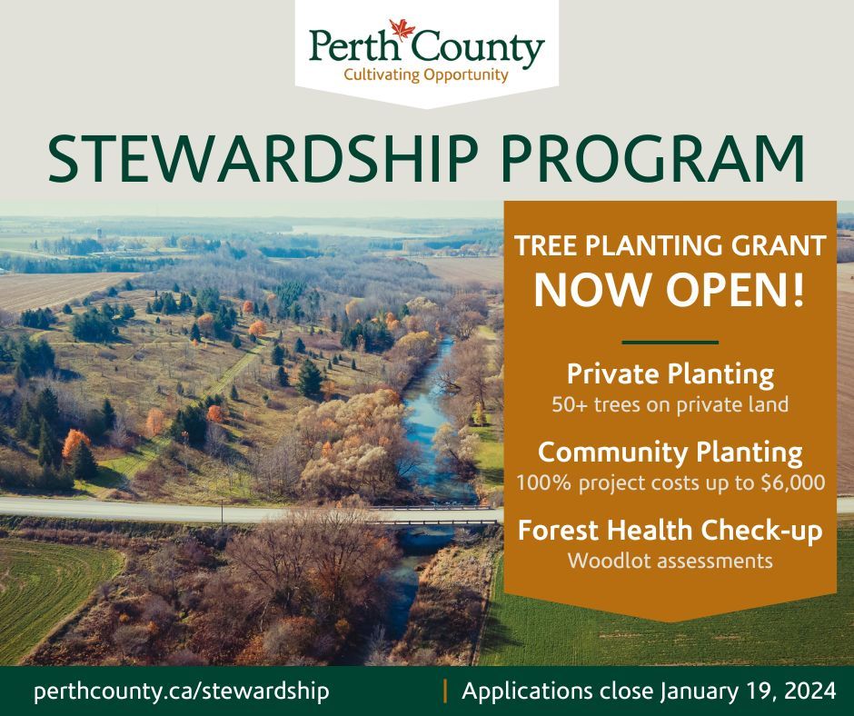 The Perth County Stewardship Program is now accepting applications! Apply for a grant to cover 50-100% of your tree planting project, community planting program or woodlot assessment! Find out more at perthcounty.ca/stewardship