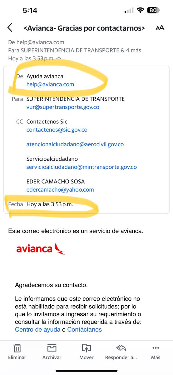 EDERCAMACHO's tweet photo. 4 días reclamando por un daño en mi equipaje a @avianca al correo help@avianca.com. Cuando envío copia a @Supertransporte @AerocivilCol @sicsuper @MinTransporteCo con proceso de mi queja. Responden “este correo electrónico no está habilitado para recibir solicitudes”. https://t.co/e0R50CD9k0