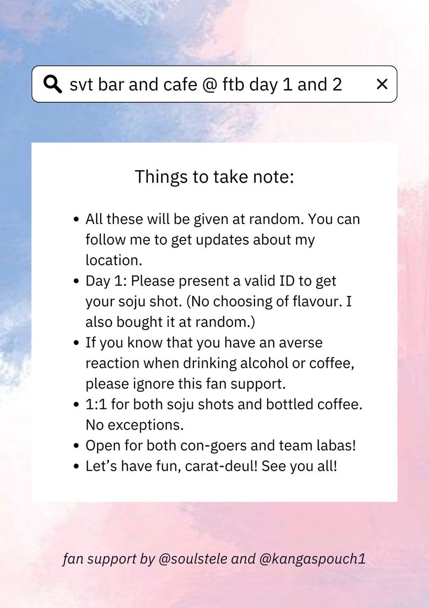 soulstele's tweet photo. svt bar and cafe: now open!
💎 Day 1: soju shots 
💎 Day 2: bottled coffee
💎 Strictly 1:1
💎 follow tour to bulacan freebies by @soulstele and @kangaspouch1 🤍
💎 Follow for loc updates📍!

See you tomorrow!

#SVT_TOUR_FOLLOW
#SEVENTEEN 
#FOLLOW_TO_BULACAN
#SEVENTEENinBULACAN https://t.co/RKgsyvvggV