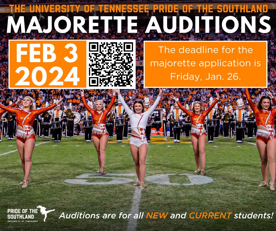 LIVE in person auditions for all new and current majorettes will take place on the campus of the University of Tennessee February 3, 2024. The deadline for the initial application for the majorette line is Friday, January 26, 2024! utbands.utk.edu/majorette-audi…