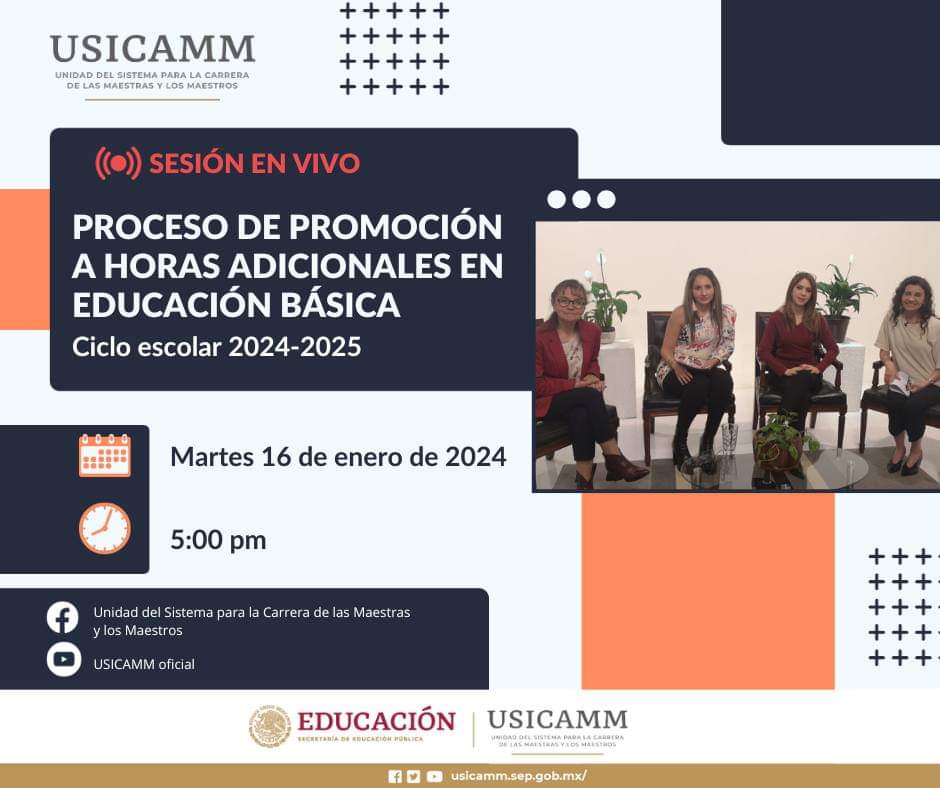 USICAMM_OFICIAL's tweet photo. ¡Maestras y maestros, el martes tenemos sesión en vivo sobre horas adicionales!

📆: 16 de enero de 2024.
🕔: 17 horas del centro de México. https://t.co/mKLuuGCoje