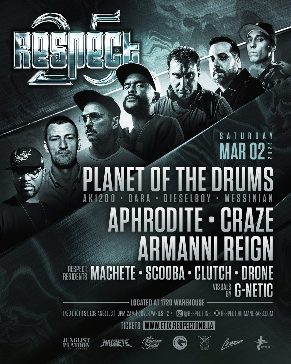 DjDieselboy's tweet photo. 25 YEARS OF RESPECT - 3.2.24

This is gonna be a BIG one!! The Planet of the Drums boys will be touching down alongside @dj_aphrodite, @crazearoni, @armannireign and the Respect resident crew.

Los Angeles are you ready?!? https://t.co/o9PLdKuOuK