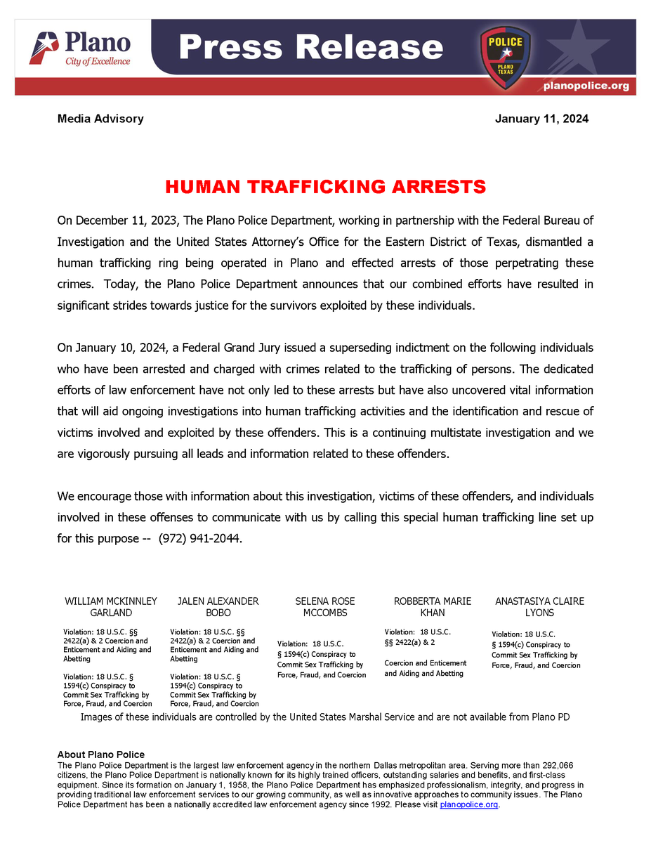 PlanoPoliceDept's tweet photo. An ongoing investigation has led to more indictments.  We believe there are more victims to save and more suspects to investigate.  If you have information pertaining to this case, please call 972.941.2044 #HumanTraffickingAwarenessDay #HumanTrafficking #tipline9729412044 https://t.co/HpSQANWscx