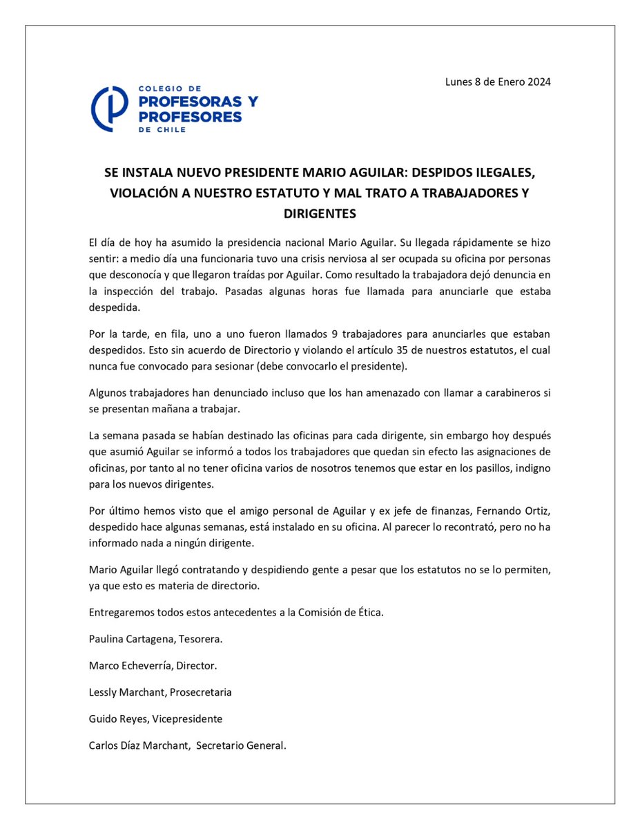 FitoSalinas7's tweet photo. Despidos ilegales, vulneración de derechos laborales y hostigamiento a funcionarios del Colproch por parte del nuevo presidente nacional y sus operadores políticos, jurídicos y administrativos. https://t.co/QsnkJivB7C