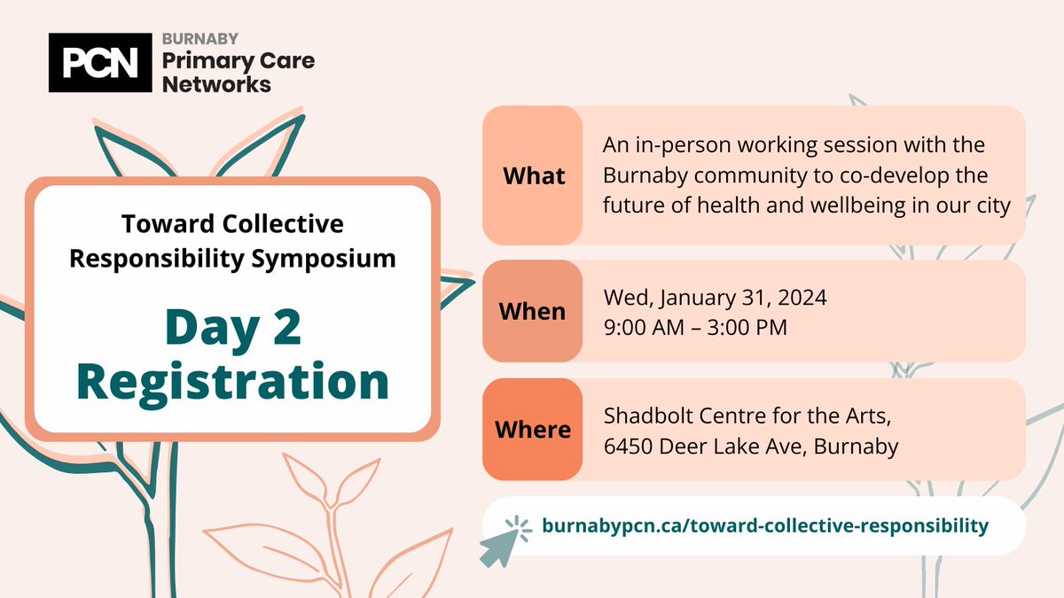 🌿Day 2 is coming up!🌿 Register for the second instalment of the Toward Collective Responsibility Symposium, an in-person working session on Jan. 31, 9am–3pm at the Shadbolt Center for the Arts. Light breakfast and lunch included! Register: burnabypcn.ca/toward-collect…