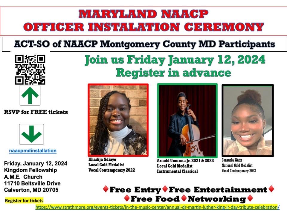 Come out to the NAACP Maryland State Officer Installation. 1/12/24 6:30 PM. Congrarulate the officers! #actsomoco