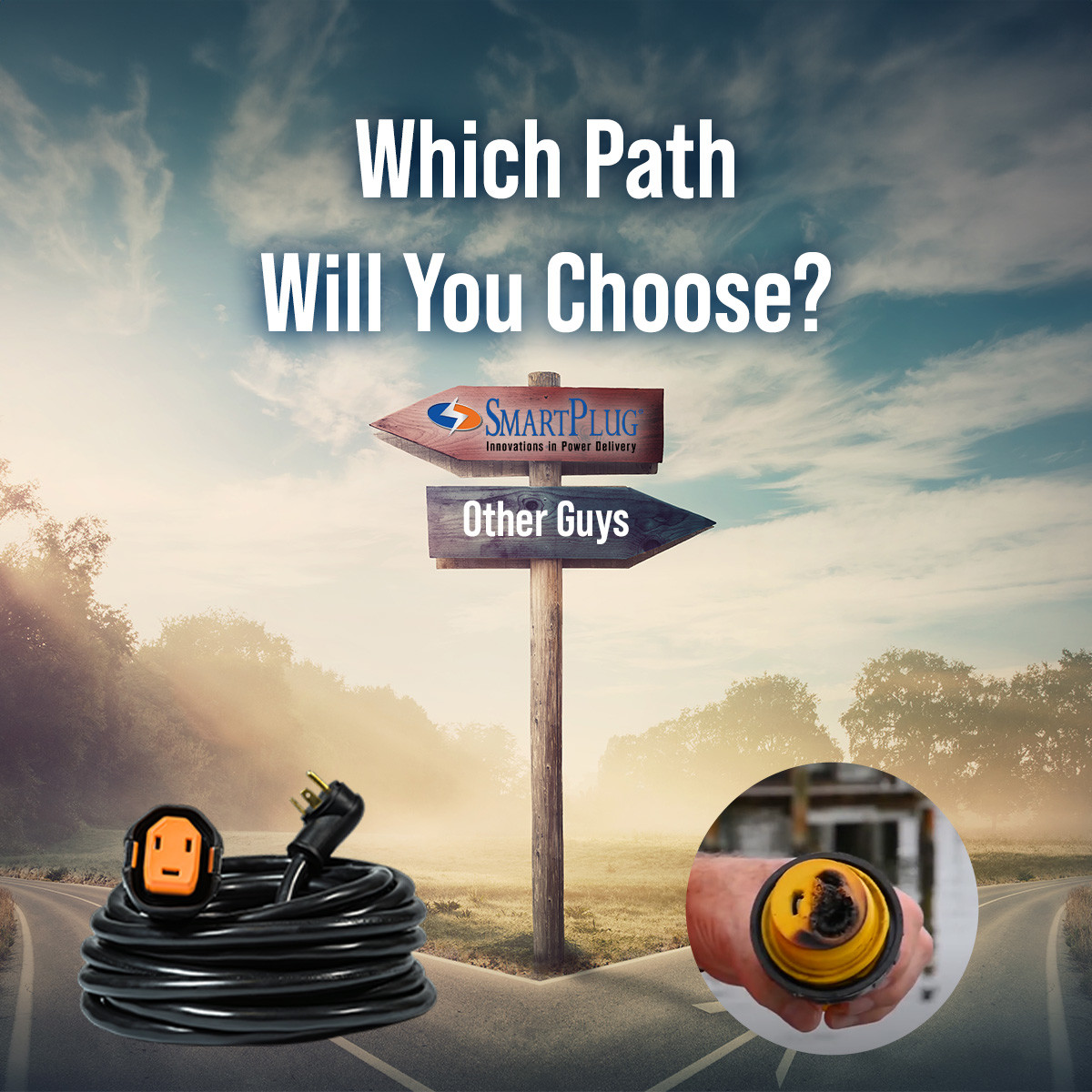 Which fork in the road will you choose? The choice is simple!🔌Our reliable RV cordsets provide a safer, more efficient power delivery system for your next road trip. 🚍 

For a hassle-free RV adventure, consider upgrading to #SmartPlug!

#RVSafety #RVAccessories