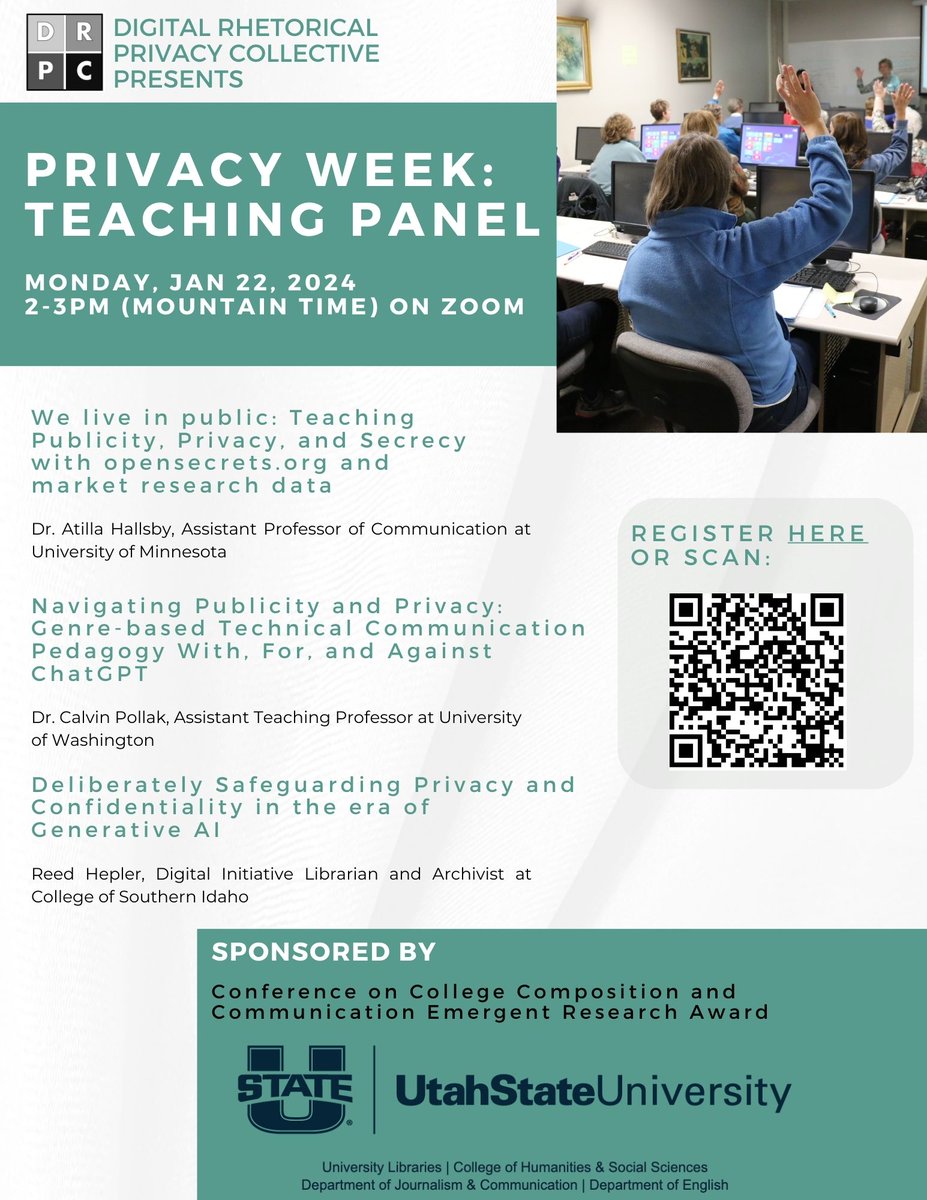 USU is hosting a Privacy Week Teaching Panel. Hear from several presenters who will discuss teaching and privacy in the age of AI. 

Register now: usu-edu.zoom.us/meeting/regist…