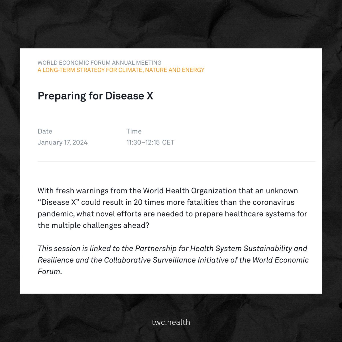 twc_health's tweet photo. 📅 SAVE THE DATE 📅
World Economic Forum is planning for “Disease X” 👀
https://t.co/yyJr64I7OA
#prepping #markyourcalendar #diseaseX #plandemic #importantmeeting #wholied #medicalemergencykit https://t.co/sTVar1gNC4