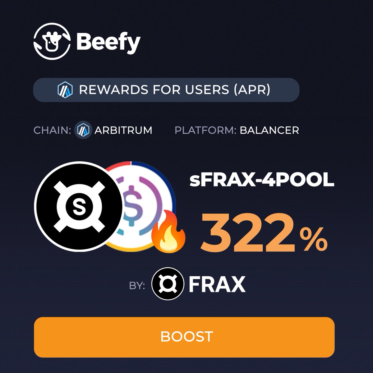 beefyfinance's tweet photo. Rewards just went live for the $sFRAX - #4Pool boost. 🚀
Enjoy extra $ARB for 14 days on top of your already auto compounding position. 😋
Having stablecoins never felt so good.
Bring your sFRAX through FraxFerry, enter the boost, and enjoy.
https://t.co/AMdqUiXvMG https://t.co/PTYfRpNLla