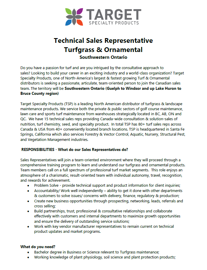 TargetSpecCan's tweet image. 💥We are growing again and in search of a Technical Sales Representative for Turf  in S/W Ontario💥, details 👇