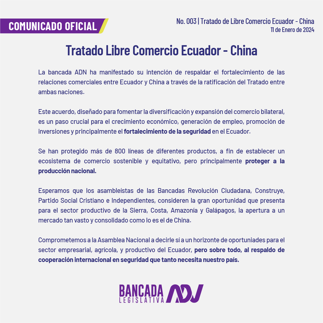 BancadaADN's tweet photo. 🟣Comunicado | Postura Bancada ADN sobre el Tratado de Libre comercio entre Ecuador y China.  #TLCEcuadorChina https://t.co/fxfwNcF0M7