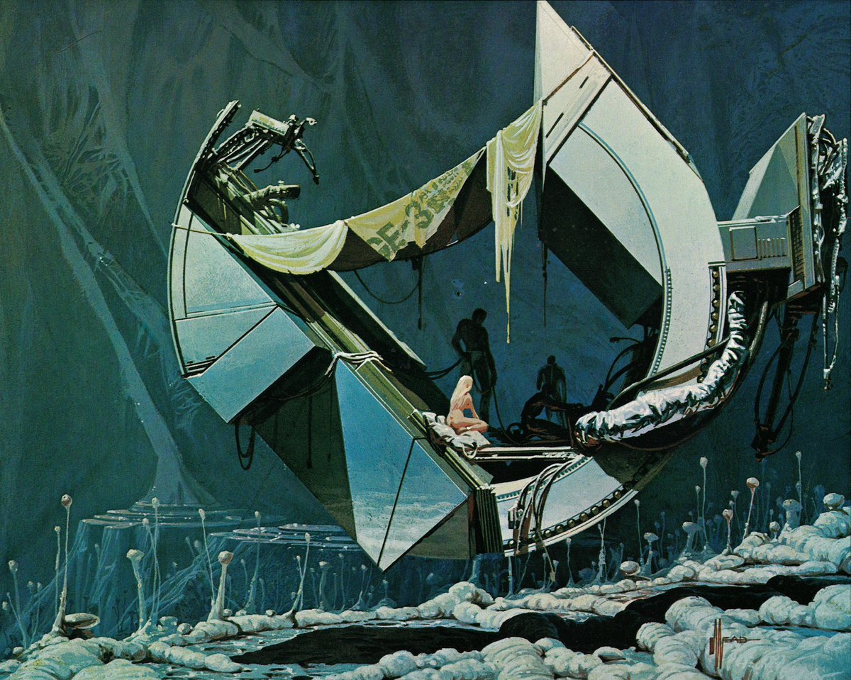 retroscifiart's tweet image. Art by Syd Mead 'Space Wreck' from The Flights of Icarus (1977)