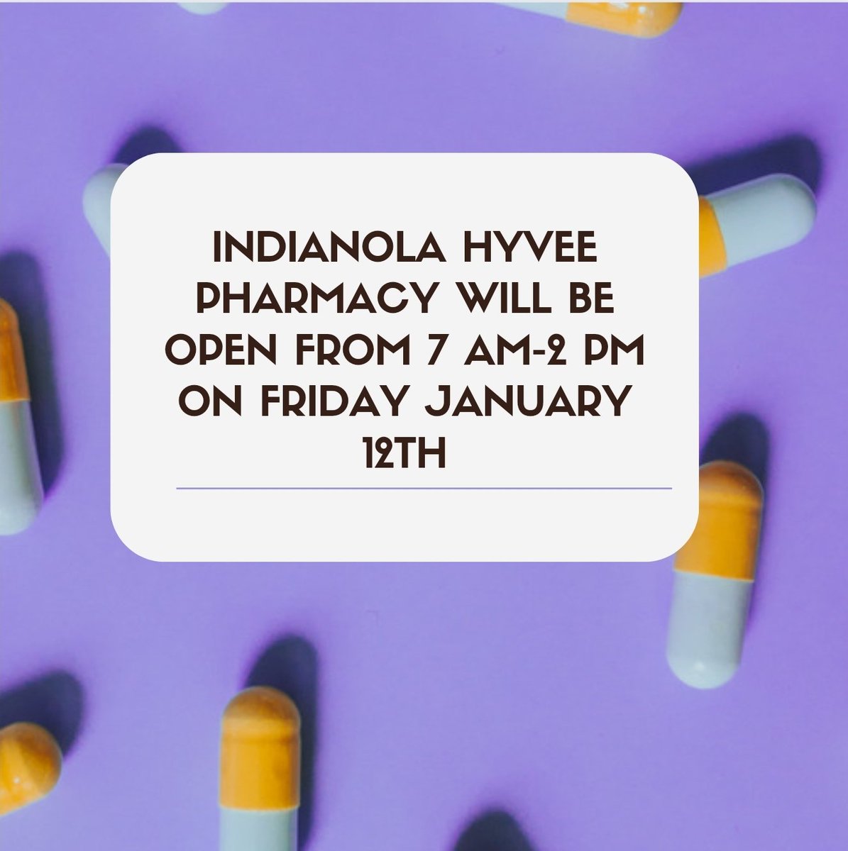 IndianolaHyVee's tweet image. Indianola HyVee Pharmacy will be open from 7AM-2PM on January 12th, 2024  in an effort to keep as many employees at home during the inclement weather. We appreciate your understanding. #indianolahyvee #limitedhours #pharmacy