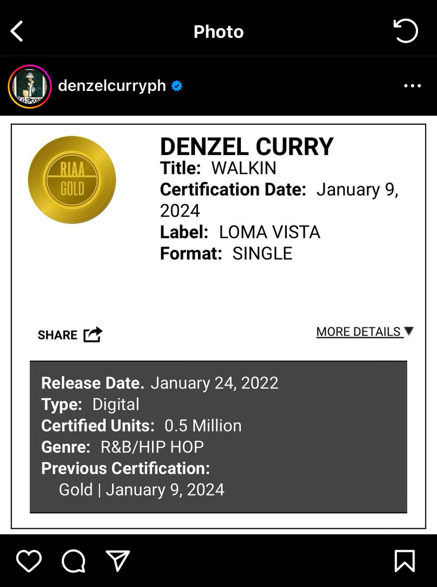 Denzel Curry’s ‘Walkin’ is now certified Gold… 💿

much deserved for one of the best songs this decade