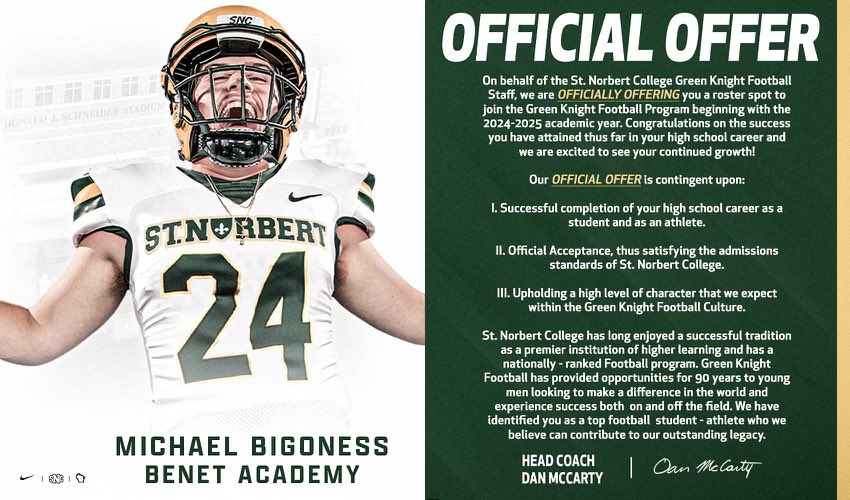 I’m blessed to announce that I have received an offer to continue my academic and athletic career at St. Norbert College #AGTG <a href="/CoachDanMcCarty/">Coach McCarty</a> <a href="/SNCfootball/">St. Norbert Football</a> <a href="/Coach_Casper/">Coach Casey Casper</a> <a href="/TheChrisRubio/">Rubio Long Snapping®</a> <a href="/BenetRedwingFB/">Benet Academy Football</a> <a href="/KohlsSnapping/">Kohl's Snapping Camps</a>