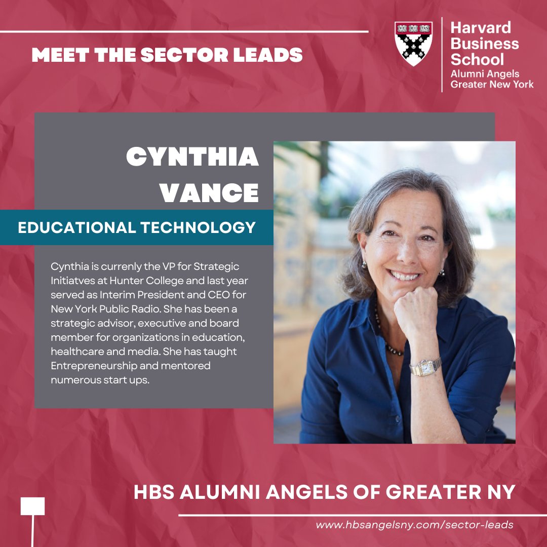 📸 Sector Lead Spotlight! 🤝 Meet Cynthia Vance, Sector Lead, Educational Technology at HBSAANY.

Read more about our Industry Sector Leads - hbsangelsny.com/sector-leads

#hbsangelsny #hbsalumniangels #hbsalumni #angelinvesting #edtech #education #technology