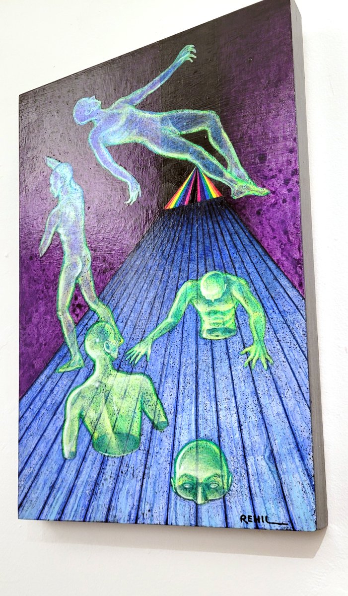 ErinRehil's tweet photo. Phasing Through Walls, 2024
Media: Acrylic and automotive pigment on wood panel
Dimensions: 18 x 12 x 1.5 in (45.7 x 30.5 x 3.8 cm)

First finished work of 2024! The rainbow is a little nod to Hilma af Klint. See second pic for #supershift effect. https://t.co/HRhKzJYzy8