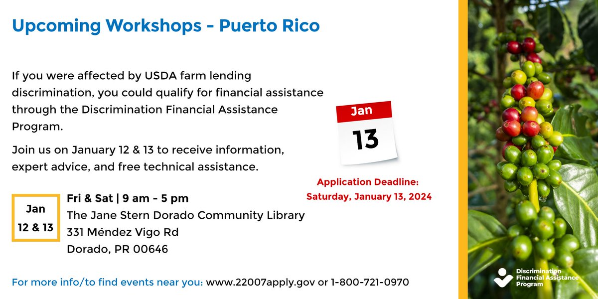 Here are some upcoming events to learn more about the Discrimination Financial Assistance Program. Farmers and ranchers who experienced discrimination in USDA farm lending can apply for financial assistance. The application process is free, &amp; you do not need an attorney to apply.
