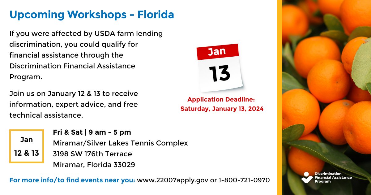 Here are some upcoming events to learn more about the Discrimination Financial Assistance Program. Farmers and ranchers who experienced discrimination in USDA farm lending can apply for financial assistance. The application process is free, &amp; you do not need an attorney to apply.