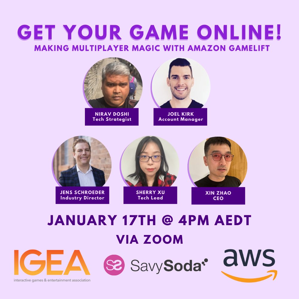 Next week’s webinar is all about online multiplayer games. Server-side specialists from @savysoda & @AWSGameTech will show you how to make an ambitious project work like magic!✨ So join us online on WED JAN 17 @ 4PM AEDT 👇 By registering here 👇 GetYourGameOnline.eventbrite.com.au