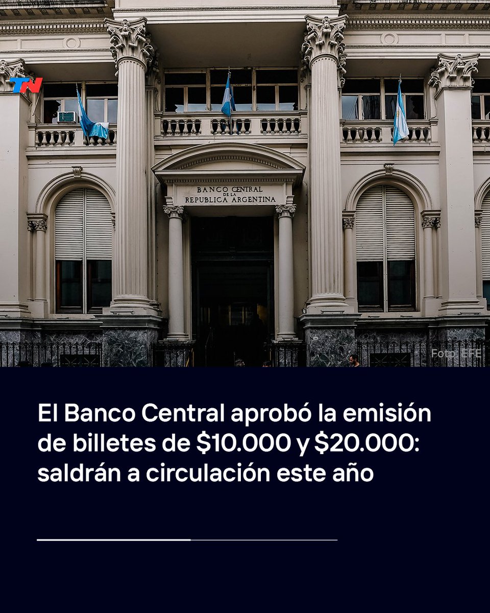 todonoticias's tweet photo. 💸 El Gobierno pondrá en circulación billetes de $10.000 y $20.000

El de $10.000 tendrá las imágenes de Manuel Belgrano y de María Remedios del Valle, mientras que el de $20.000 tendrá Juan Bautista Alberdi.

https://t.co/usKtt4quLs https://t.co/phfClfFthj