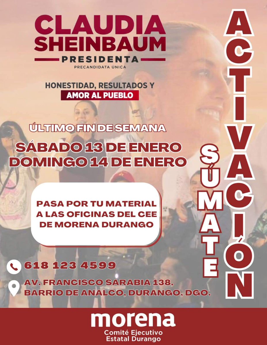 AndresBarbaM's tweet photo. ¡Este fin de semana, se llevará a cabo una activación en apoyo a la Dra. Claudia Sheinbaum. Si tienen interés, únanse a nosotros el sábado 13 y domingo 14 de enero.
Su participación es apreciada para contribuir al cambio positivo que buscamos. 🤝 #ClaudiaSheinbaum #YoConClaudia https://t.co/dTbK4RMpED