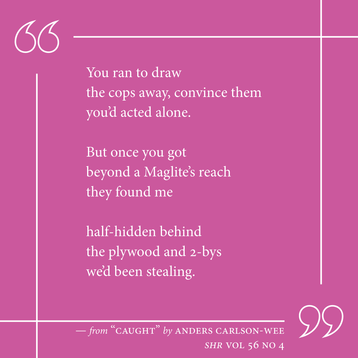 Try to run in "Caught" by <a href="/AndersWeePoet/">Anders Carlson-Wee</a>. Explore more from SHR 56.4 here: southernhumanitiesreview.com/current-issue.…

#WritingCommunity #litmag #poetrycommunity #poetry