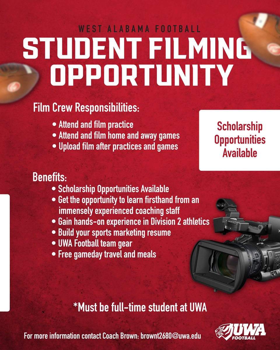 Students: We’re looking to add to our team! If you’re interested in getting into football or sports media, reach out to Coach Brown: brownt2680@uwa.edu