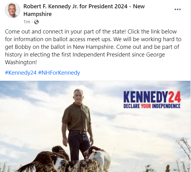 JackmanRadio's tweet photo. Efforts to get @RobertKennedyJr on the ballot in New Hampshire are kicking off! Click the link below to get involved and be part of history in electing the first Independent President Since Washington! #Kennedy24 #NHForKennedy 

https://t.co/Pi7FDZ8cJT https://t.co/0TDW5iiuWx