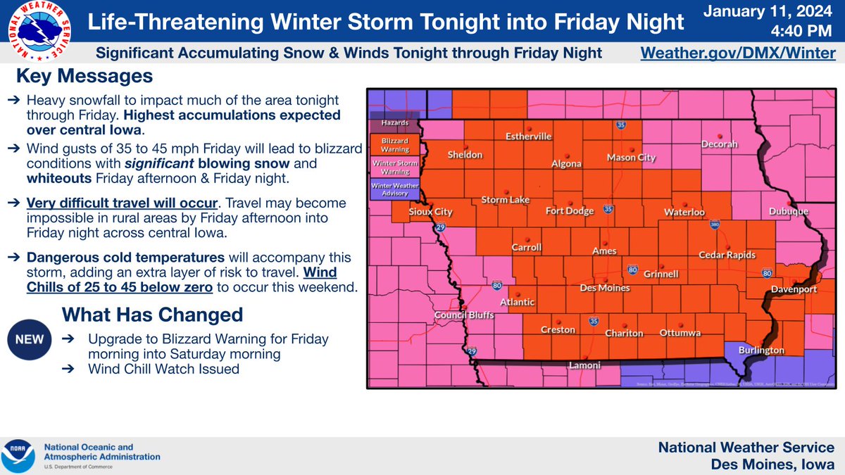 NWSDesMoines's tweet photo. Life-threatening winter weather is expected beginning tonight with heavy snow. White-out conditions likely Fri into Fri night. To follow, extreme wind chills as low as -45° possible through early next week.
Plan ahead for this dangerous stretch of winter weather! #iawx https://t.co/LIASboryuZ