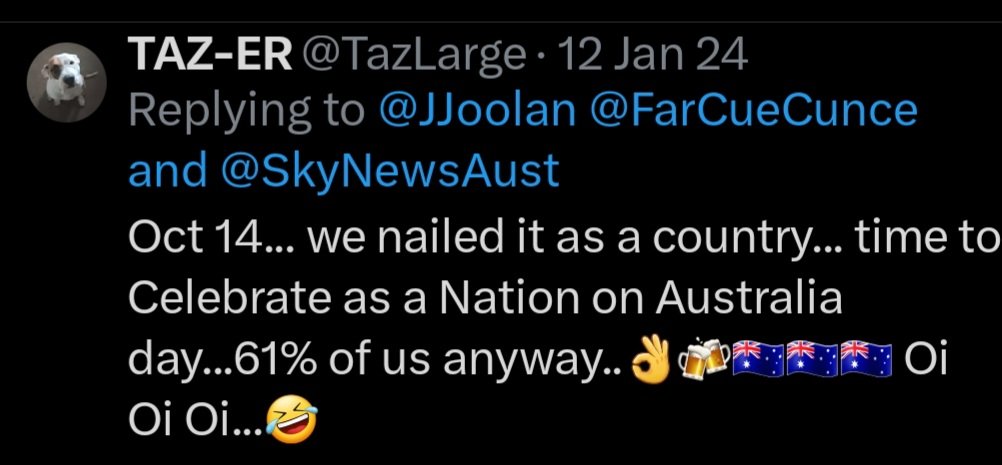 JJoolan's tweet photo. This flagtard troll is still hard over the referendum

10ks of blackfellas have been denied the opportunity to have input into improving their lives

He sees this as a glorious win
#MudineLied #PriceLied #DuttonLied https://t.co/CnArvNDOJ0