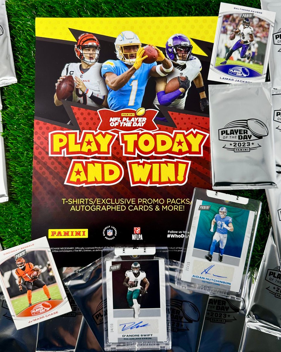 The 2023 Panini Player of the Day promotion is LIVE at Hobby Shops!

Visit paninipod.com to find your closest participating Hobby Shop where you can win promo packs, signed cards, T-shirts and more. Even the chance to spend a day with an NFL Player!

#WhoDoYouCollect