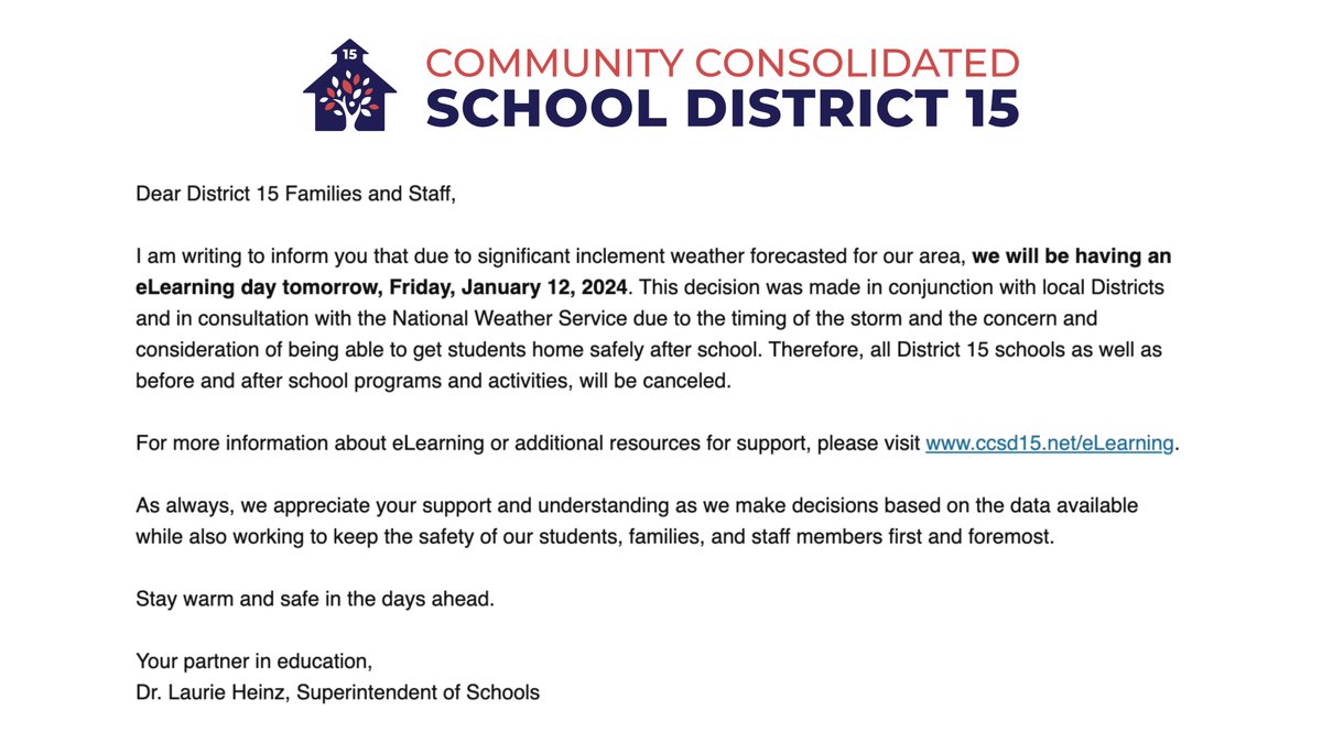 D15Schools's tweet photo. Friday, January 12, 2024, will be an eLearning Day. Please see your email for additional information and links to resources. https://t.co/vwye6Xy3JP