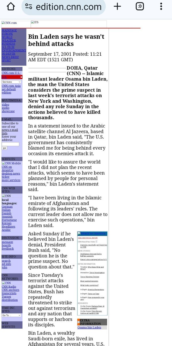 uzmebi's tweet photo. @ImJustWoke @ShaykhSulaiman Bin Laden denied involvement in 9/11 5 times

*12th September through Taliban statement 
*16th September through Al Jazeera statement 
*17th September through interview Afghan newspaper 
*28th September thru interview Pakistani newspaper Ummat 
*October video interview Al Jazeera https://t.co/Quq2abkiQb