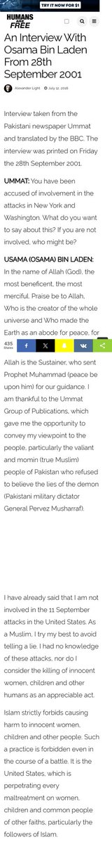 uzmebi's tweet photo. @ImJustWoke @ShaykhSulaiman Bin Laden denied involvement in 9/11 5 times

*12th September through Taliban statement 
*16th September through Al Jazeera statement 
*17th September through interview Afghan newspaper 
*28th September thru interview Pakistani newspaper Ummat 
*October video interview Al Jazeera https://t.co/Quq2abkiQb