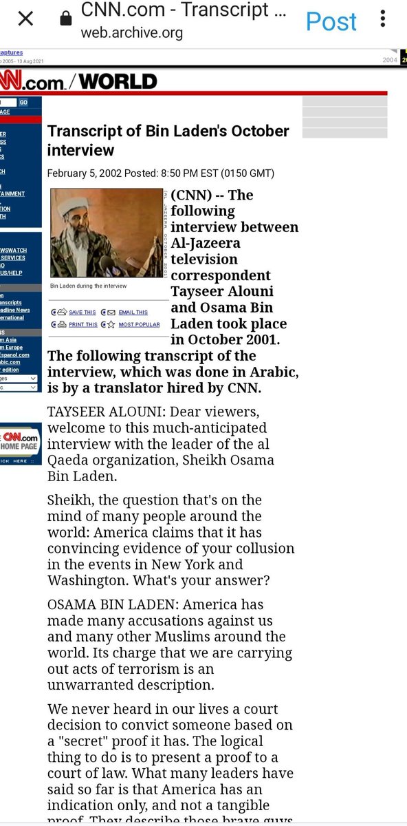 uzmebi's tweet photo. @ImJustWoke @ShaykhSulaiman Bin Laden denied involvement in 9/11 5 times

*12th September through Taliban statement 
*16th September through Al Jazeera statement 
*17th September through interview Afghan newspaper 
*28th September thru interview Pakistani newspaper Ummat 
*October video interview Al Jazeera https://t.co/Quq2abkiQb