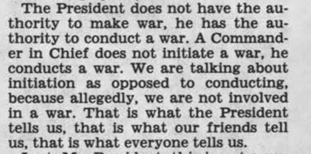 aidachavez's tweet photo. Sen. Joe Biden on congressional war powers in 1984: 

"The President does not have the authority to make war, he has the authority to conduct a war. A Commander in Chief does not initiate a war, he conducts a war." https://t.co/mMT2mlEsv5
